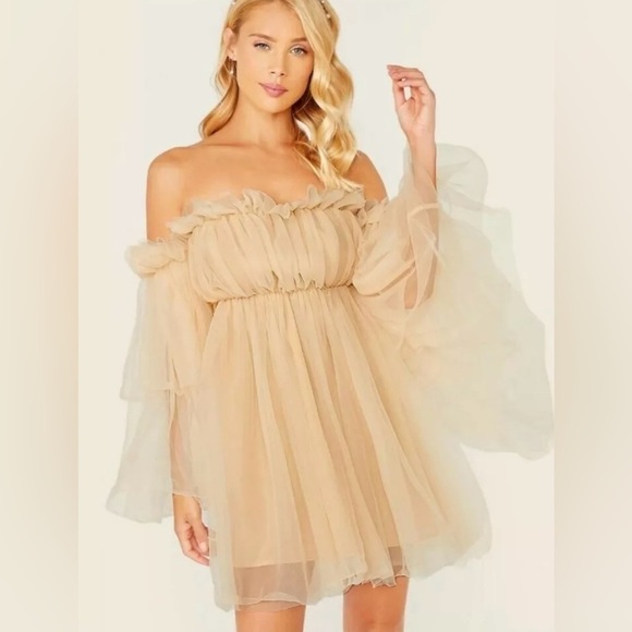 SHEIN Dresses & Skirts - SHEIN Women's XS Beige Off-Shoulder Tulle Party Dress Flared Sleeves